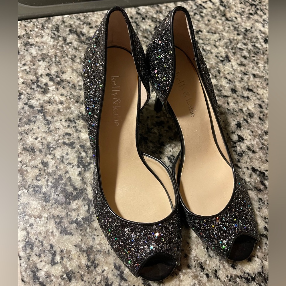 Kelly & Katie Black Glitter Peep-Toe Pumps